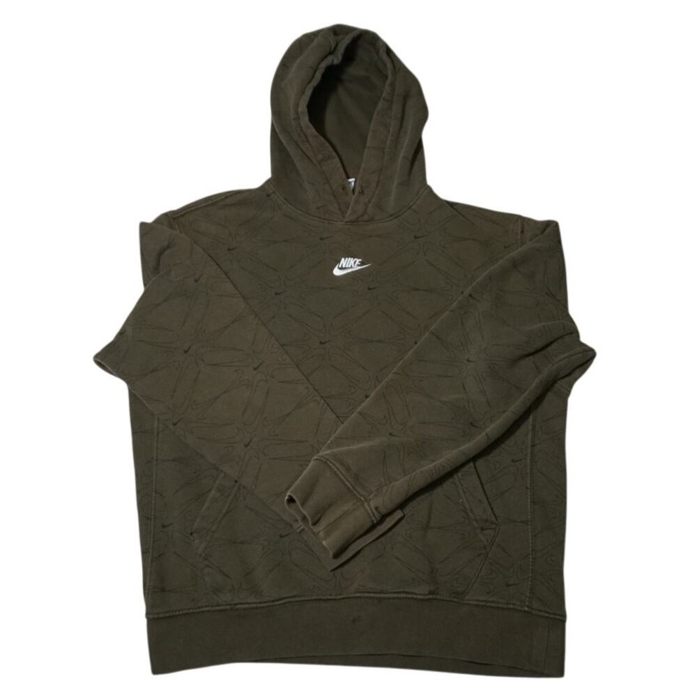 Nike Club Center Swoosh Hoodie AOP All Over Logo Olive Green Men's Small